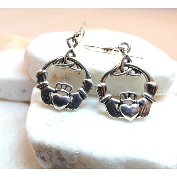 Sterling Silver Dangling Irish Claddagh Triquetra Earrings Fine Detail - Picture 1 of 5